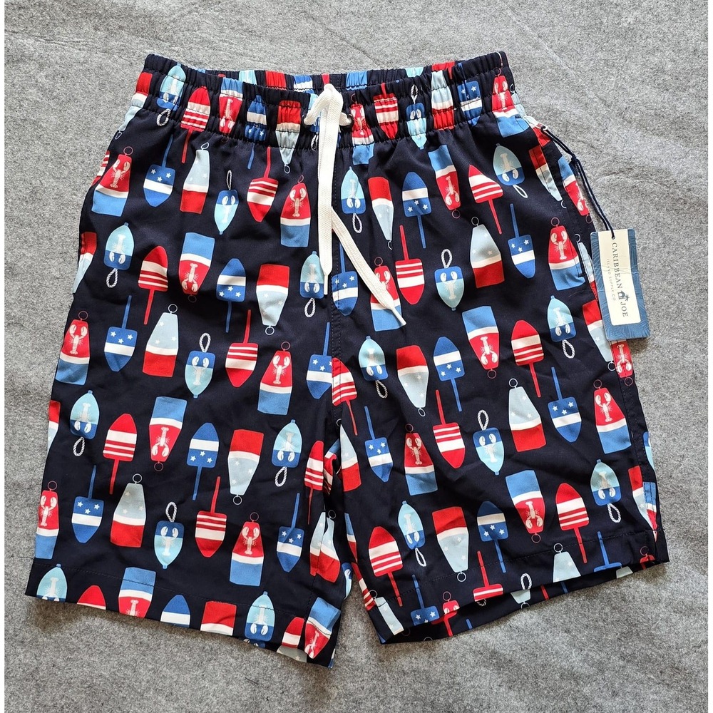 Caribbean Joe NWT Americana Nautical Buoy Swim Trunks Shorts Sz Small 7" inseam